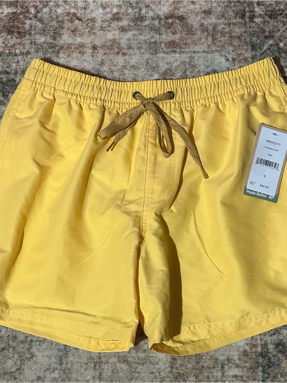 NWT Quiksilver Yellow Elastic-Waist Swim Trunks with Drawstring